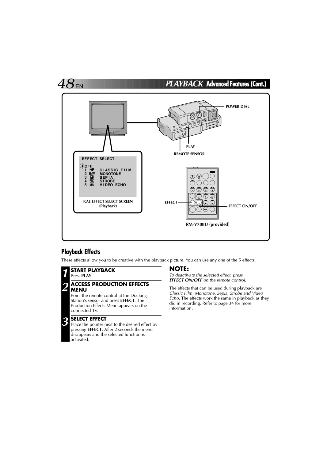 JVC YU30052-625-1 manual Playback Effects, AE Effect Select Screen, Power Dial Play Remote Sensor Effect Effect ON/OFF 