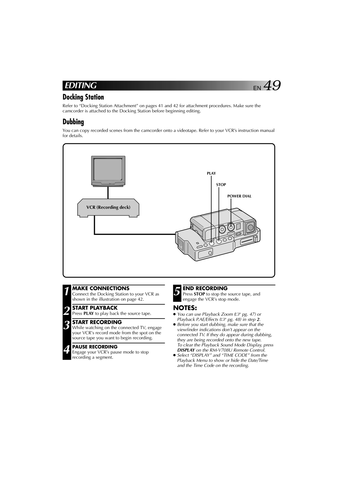 JVC YU30052-625-1 manual Docking Station, Dubbing, Make Connections, VCR Recording deck, Play Stop Power Dial 