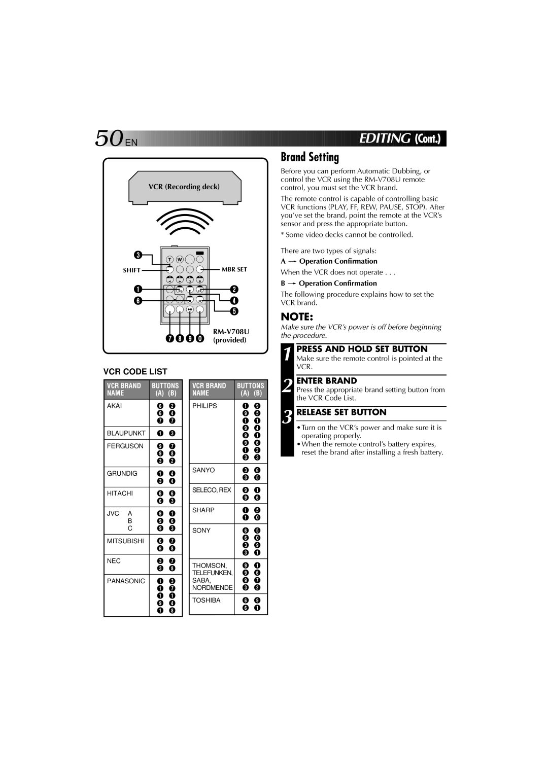 JVC YU30052-625-1 manual Brand Setting, Enter Brand, Release SET Button, RM-V708U 7 8 9 ` provided, Operation Confirmation 