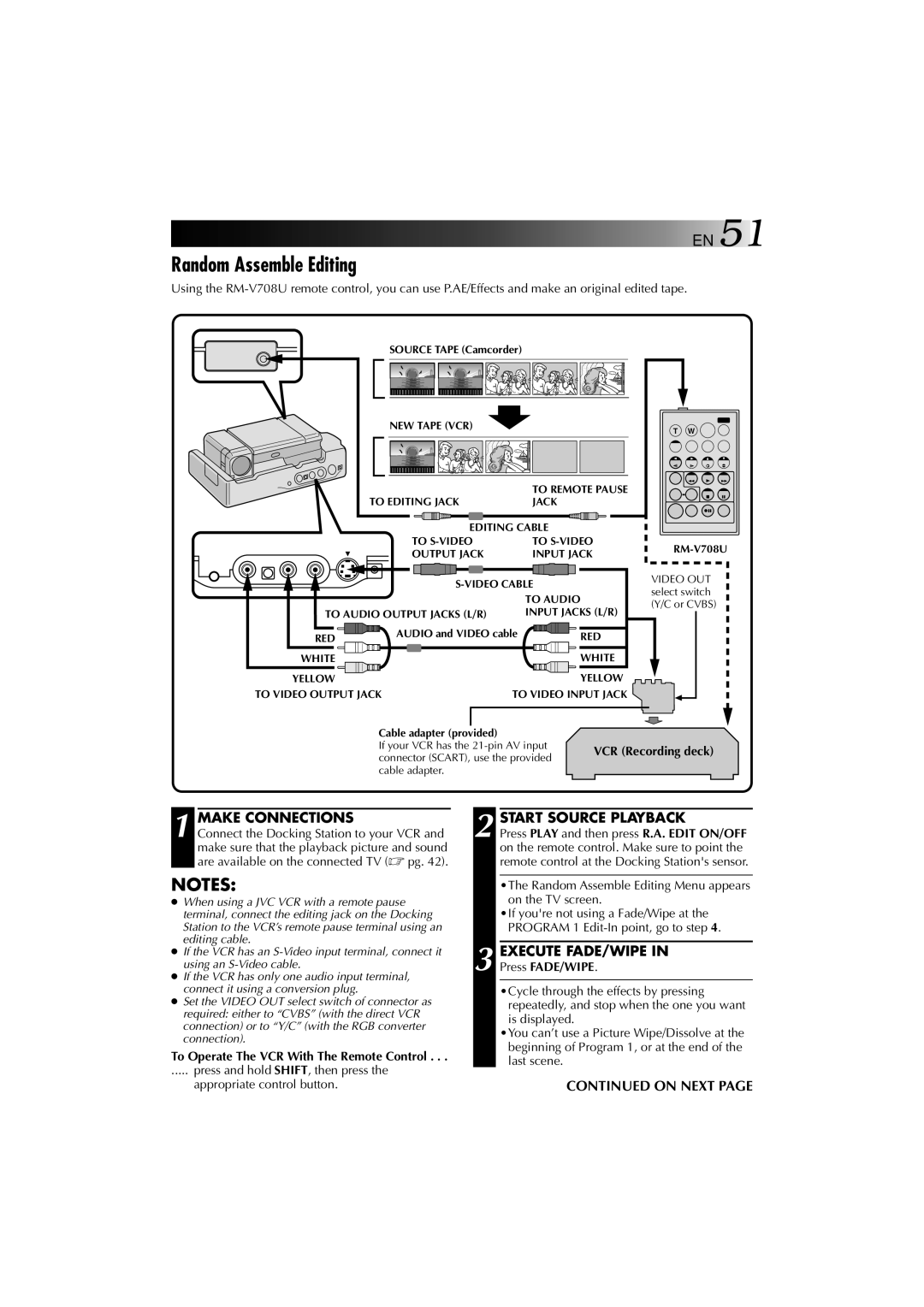 JVC YU30052-625-1 manual Random Assemble Editing, Start Source Playback, Execute FADE/WIPE, Press FADE/WIPE 