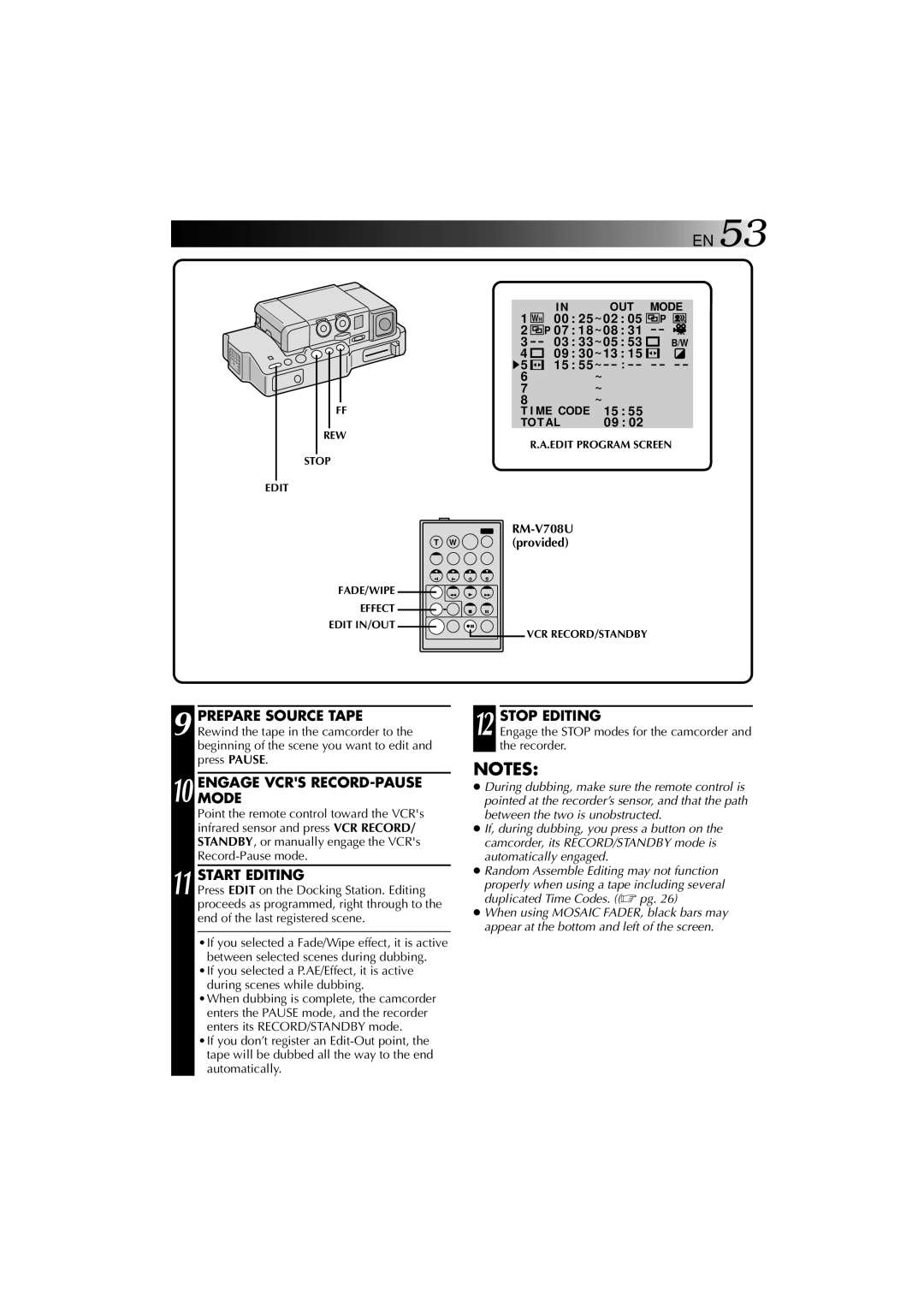 JVC YU30052-625-1 manual Engagemode Vcrs RECORD-PAUSE, Start Editing, Stop Editing 