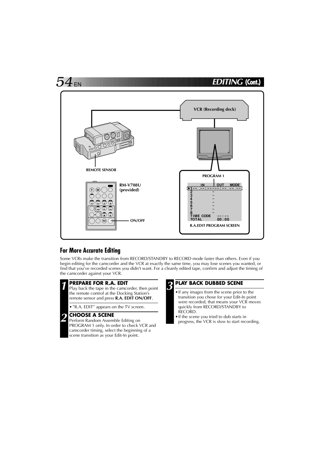 JVC YU30052-625-1 manual For More Accurate Editing, Prepare for R.A. Edit Play Back Dubbed Scene, Choose a Scene, RM-V708U 