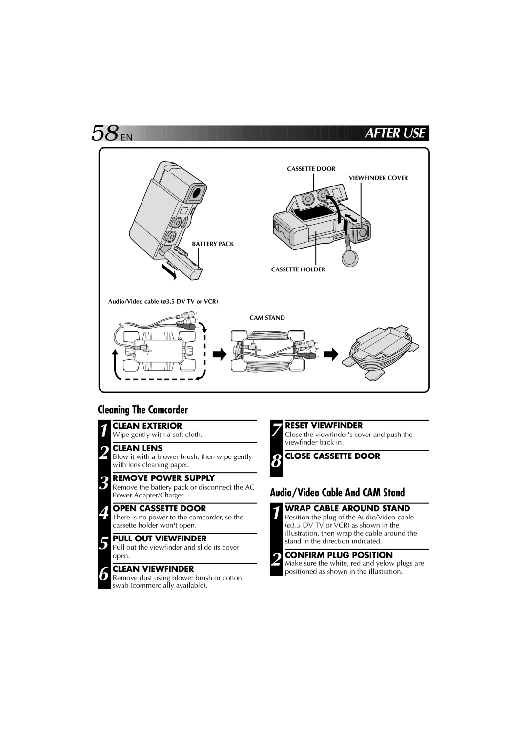 JVC YU30052-625-1 manual Cleaning The Camcorder, Audio/Video Cable And CAM Stand 