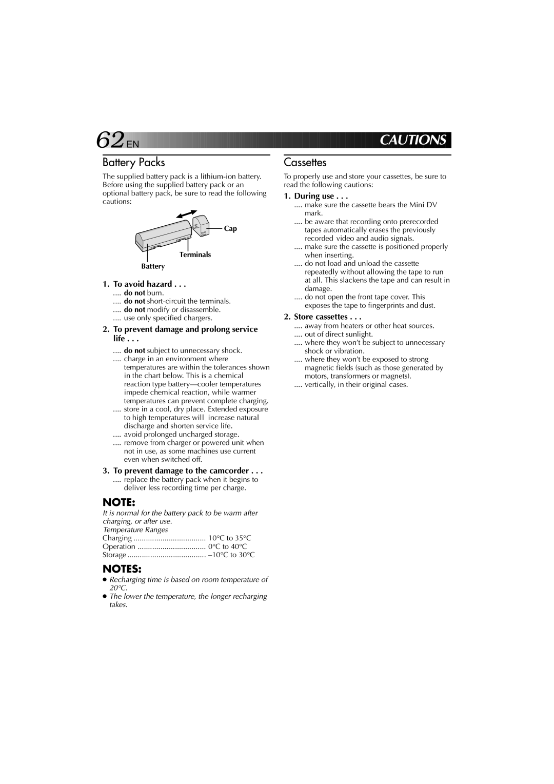 JVC YU30052-625-1 manual To avoid hazard, To prevent damage and prolong service life, To prevent damage to the camcorder 