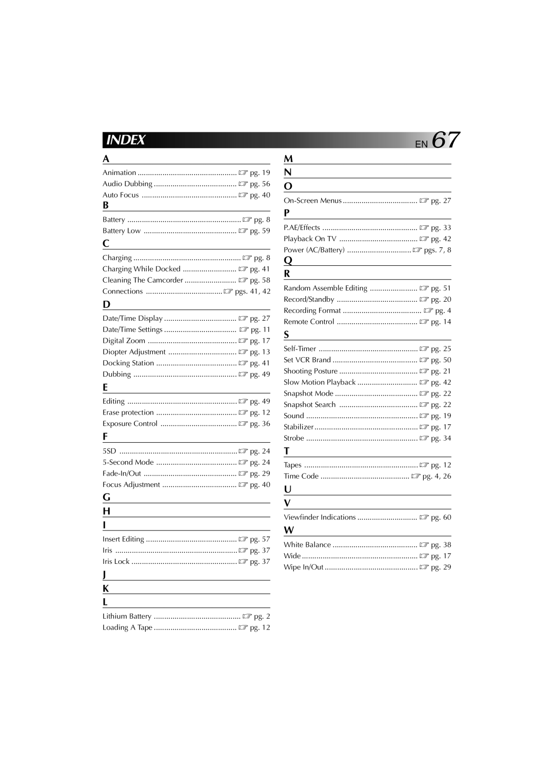 JVC YU30052-625-1 manual Index 