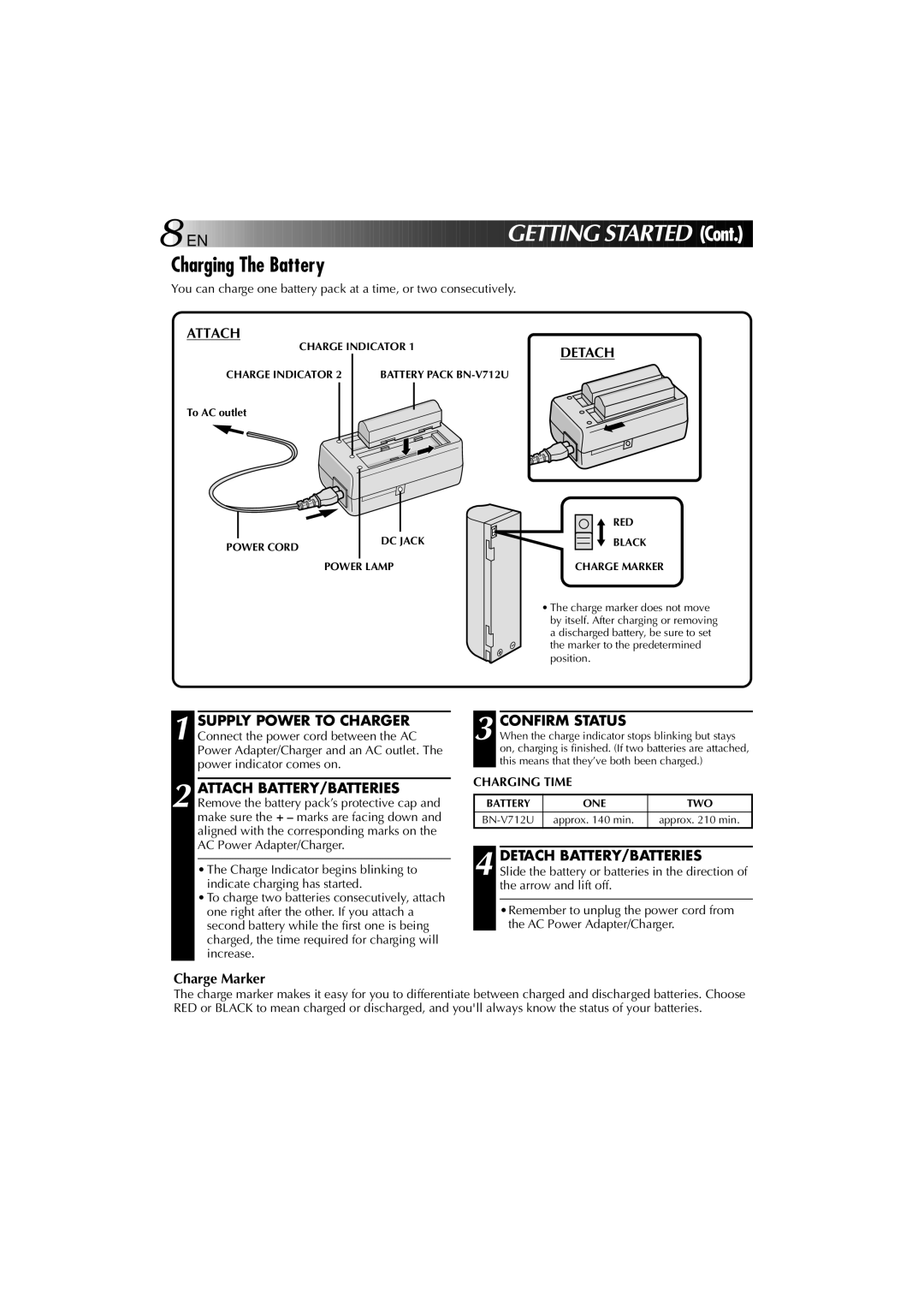 JVC YU30052-625-1 manual Charging The Battery, Attach, Confirm Status, Detach BATTERY/BATTERIES 