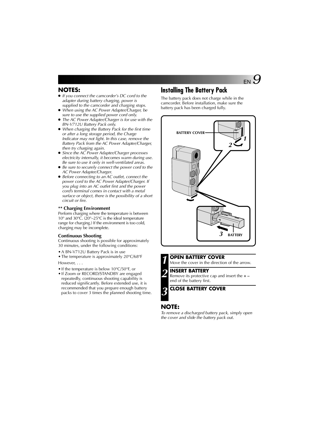 JVC YU30052-625-1 manual Installing The Battery Pack, Open Battery Cover, Insert Battery, Close Battery Cover 