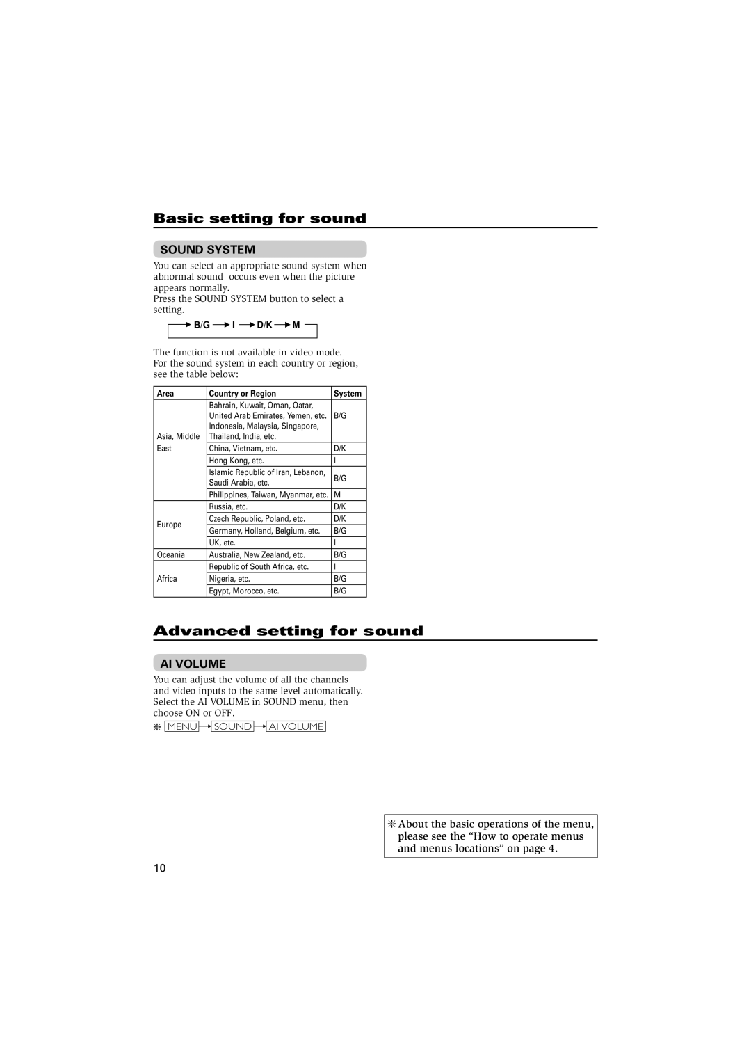 JVC specifications Basic setting for sound, Advanced setting for sound, Sound System, Menu Sound AI Volume 