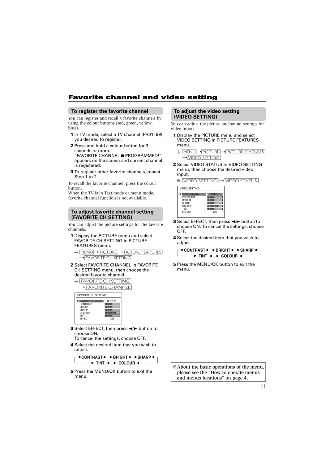 JVC specifications Favorite channel and video setting, Favorite CH Setting, Video Setting 