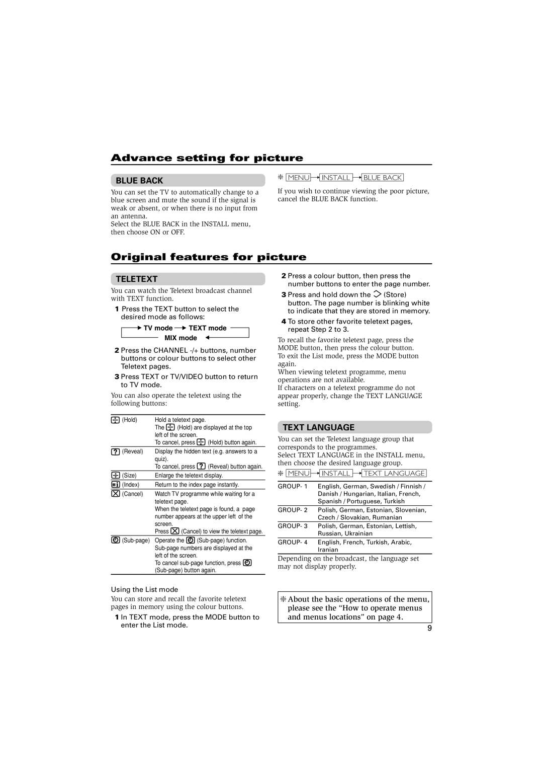 JVC specifications Advance setting for picture, Original features for picture, Blue Back, Teletext, Text Language 