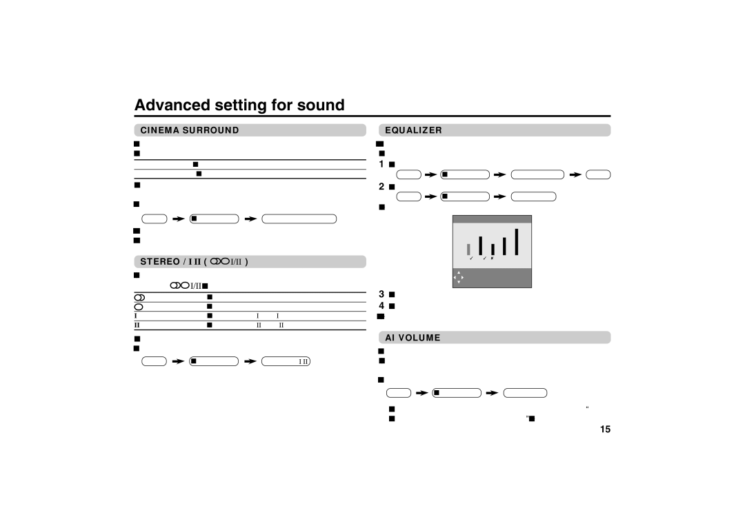 JVC specifications Advanced setting for sound, Cinema Surround, Stereo, Equalizer, AI Volume 