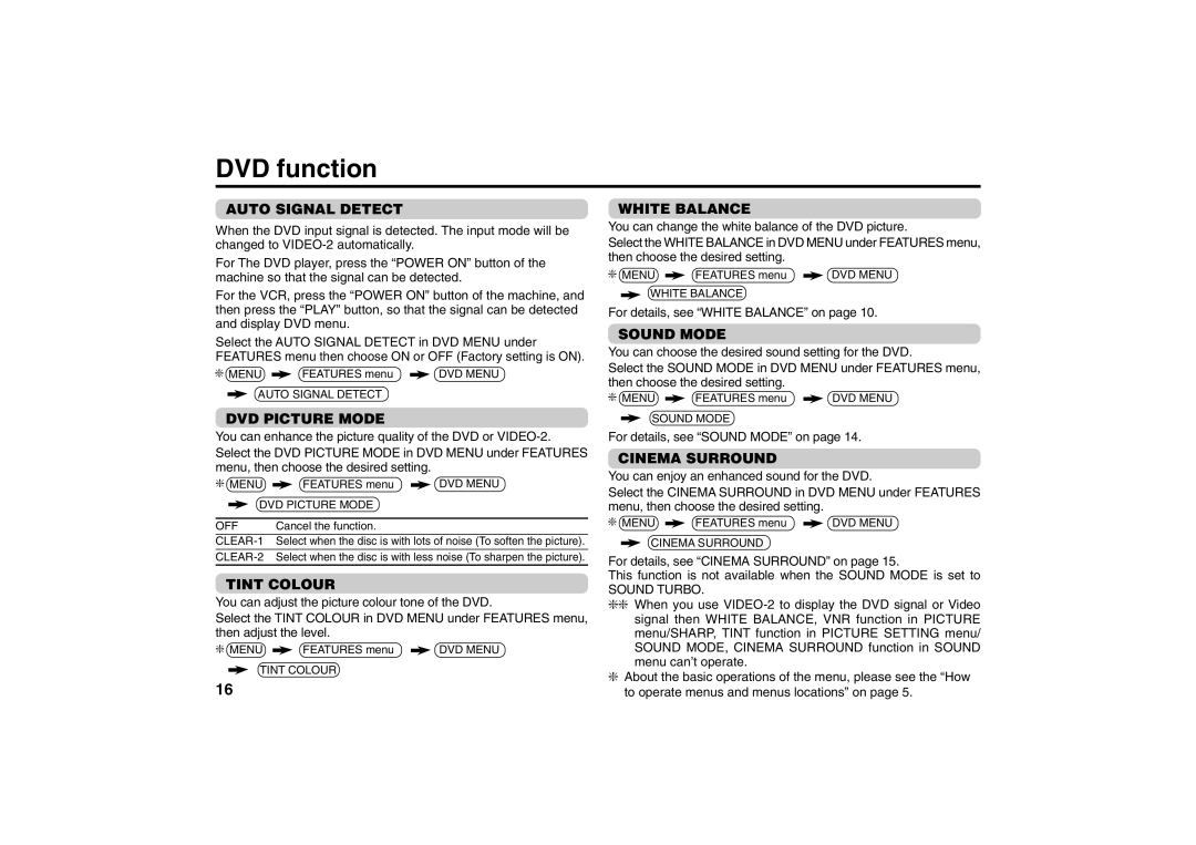 JVC specifications DVD function, Auto Signal Detect, DVD Picture Mode, Tint Colour 