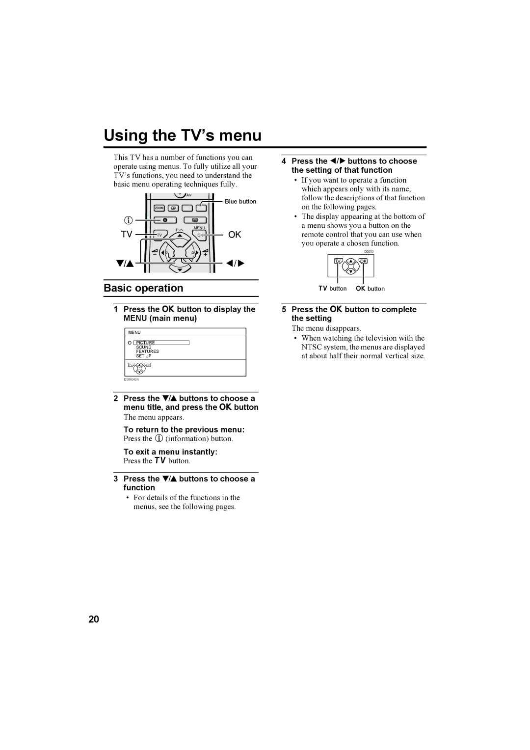 JVC AV-32T5SK, AV-32T5BK, AV-28T5SK, AV-28T5BK, AV-32T5SR, AV-32T5BR, AV-28T5SR, AV-28T5BR manual Using the TV’s menu 