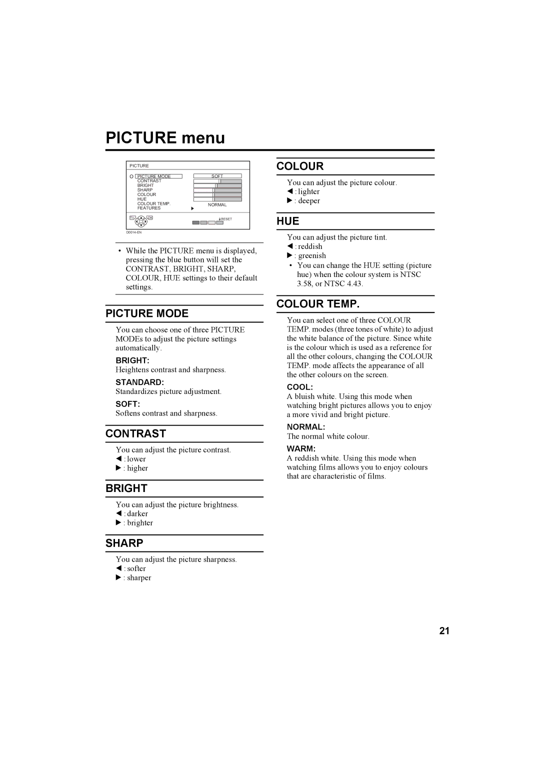 JVC AV-32T5SK, AV-32T5BK, AV-28T5SK, AV-28T5BK, AV-32T5SR, AV-32T5BR, AV-28T5SR, AV-28T5BR Picture menu, Picture Mode 