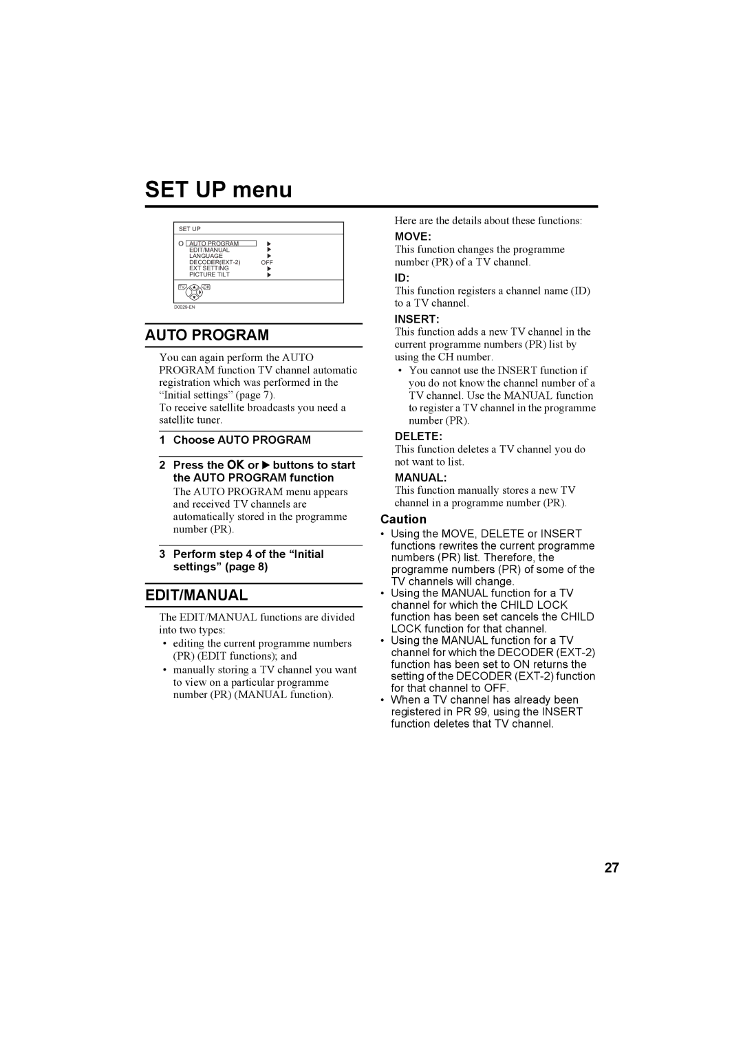 JVC AV-32T5SK, AV-32T5BK, AV-28T5SK, AV-28T5BK, AV-32T5SR, AV-32T5BR, AV-28T5SR, AV-28T5BR manual SET UP menu 