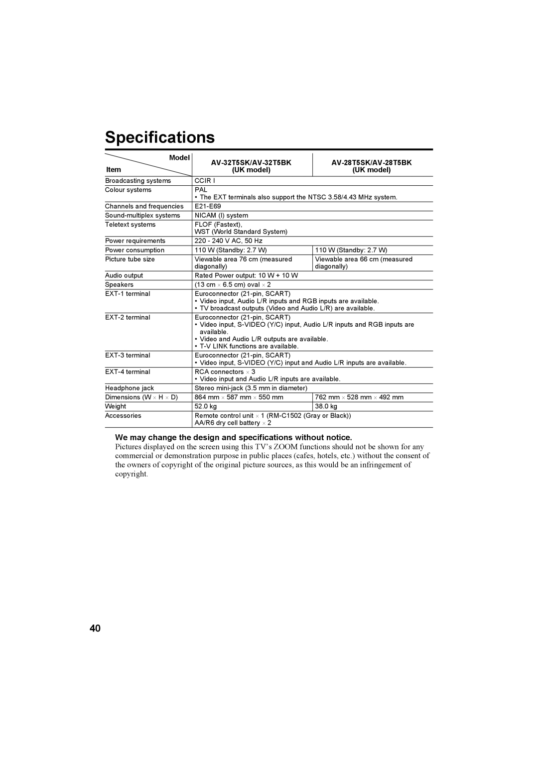 JVC AV-32T5SK, AV-32T5BK, AV-28T5SK, AV-28T5BK, AV-32T5SR, AV-32T5BR, AV-28T5SR, AV-28T5BR manual Specifications 