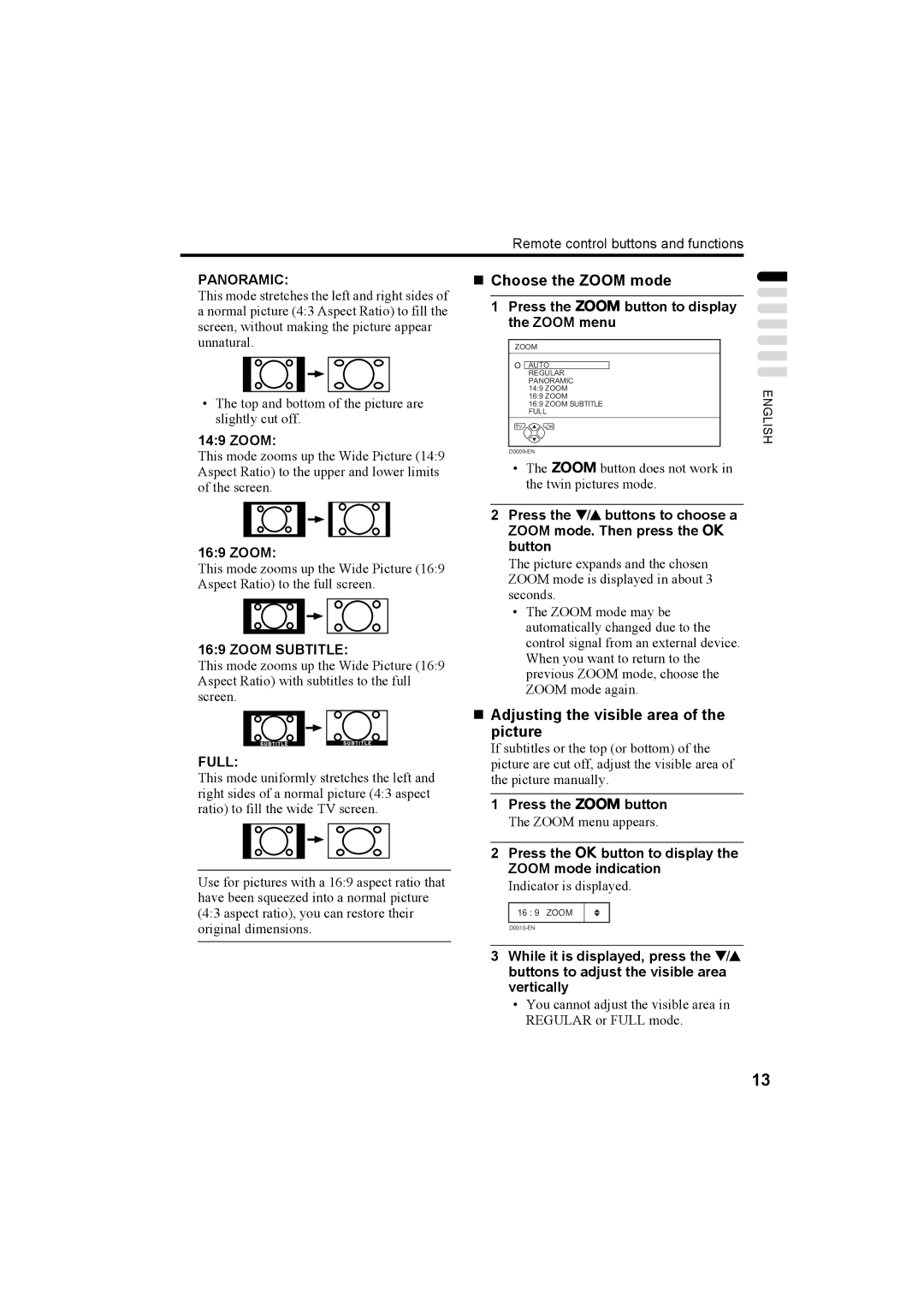 JVC AV-32T5SK, AV-32T5BK, AV-28T5SK, AV-28T5BK, AV-32T5SR, AV-32T5BR, AV-28T5SR, AV-28T5BR manual Zoom 