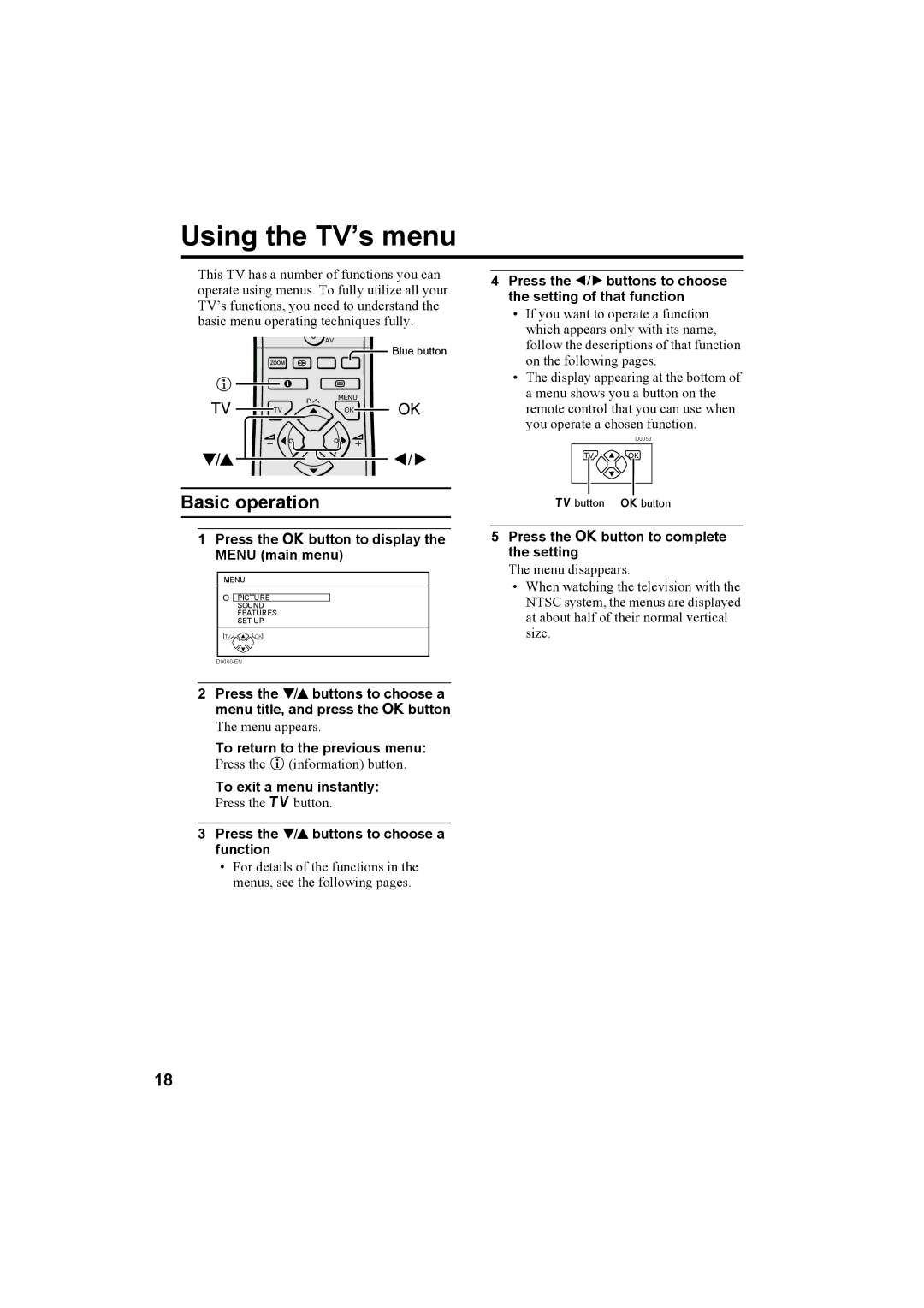 JVC AV-32T5SK, AV-32T5BK, AV-28T5SK, AV-28T5BK, AV-32T5SR, AV-32T5BR, AV-28T5SR, AV-28T5BR manual Using the TV’s menu 