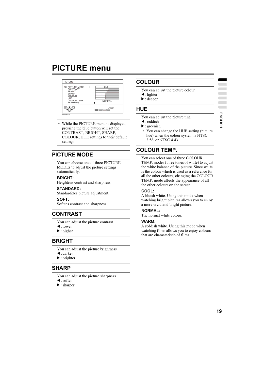 JVC AV-32T5SK, AV-32T5BK, AV-28T5SK, AV-28T5BK, AV-32T5SR, AV-32T5BR, AV-28T5SR, AV-28T5BR manual Picture menu 