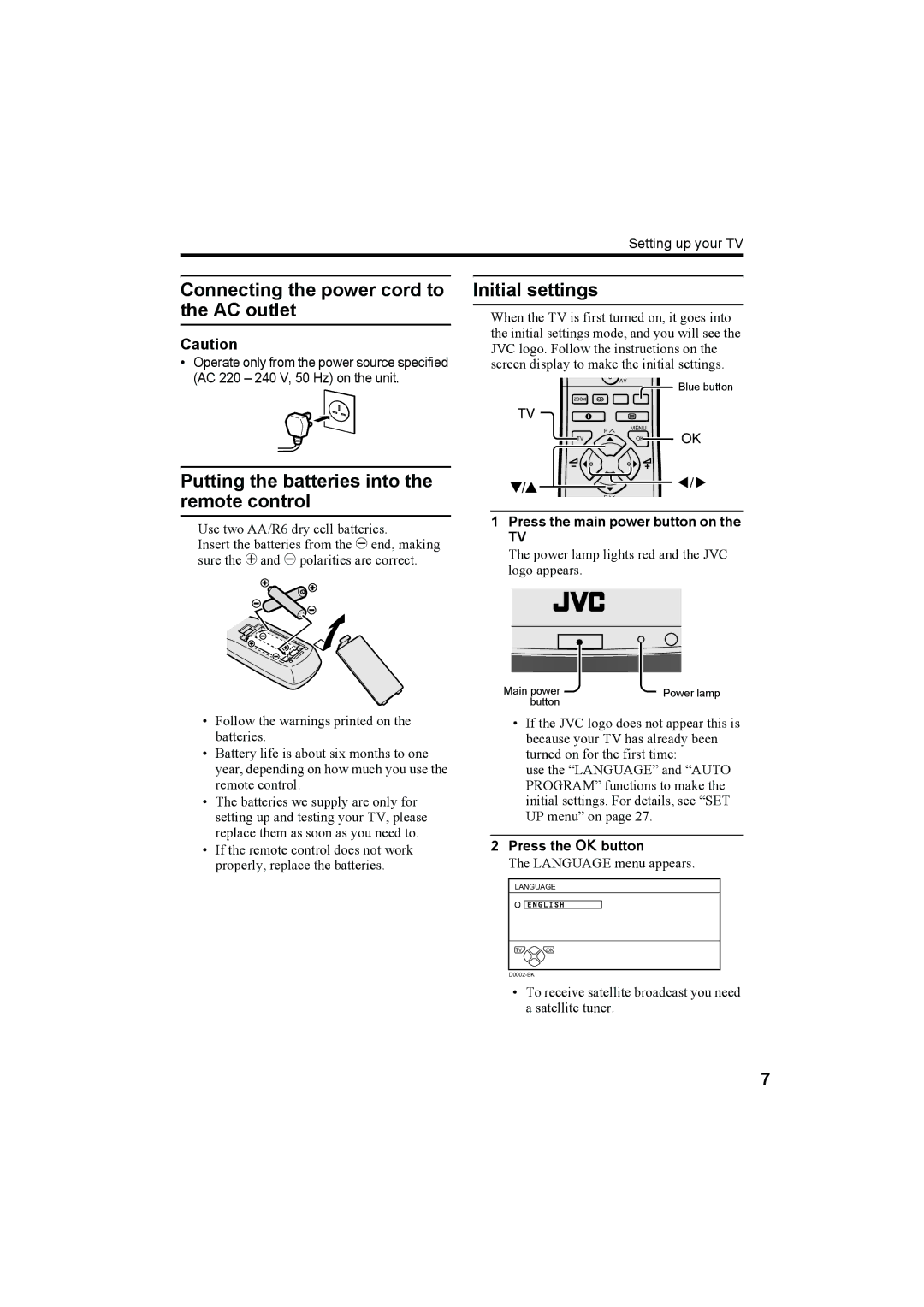 JVC AV-32T5SK, AV-32T5BK, AV-28T5SK, AV-28T5BK, AV-32T5SR, AV-32T5BR, AV-28T5SR, AV-28T5BR manual Initial settings 