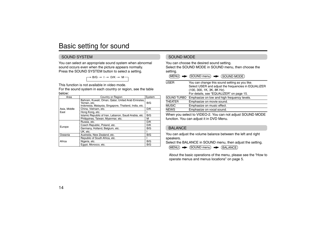 JVC specifications Basic setting for sound, Sound System, Sound Mode, Balance 