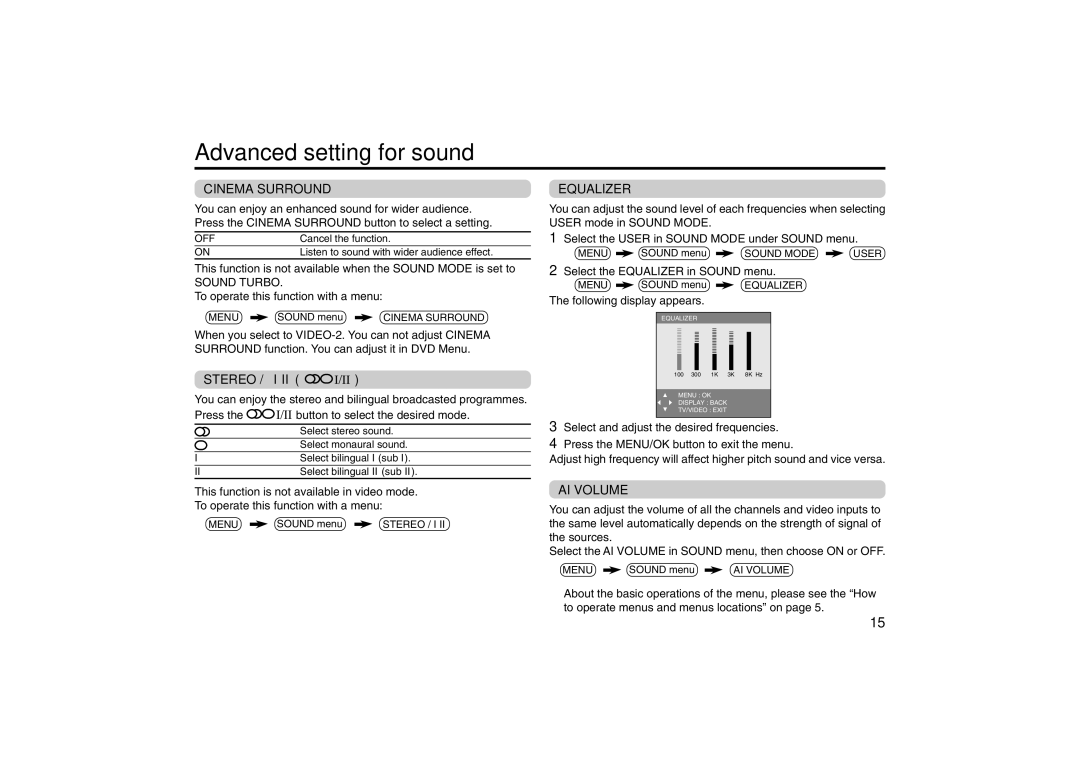 JVC specifications Advanced setting for sound, Cinema Surround, Stereo, Equalizer, AI Volume 