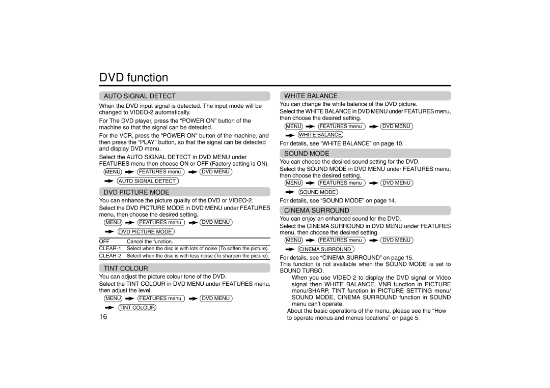 JVC specifications DVD function, Auto Signal Detect, DVD Picture Mode, Tint Colour 