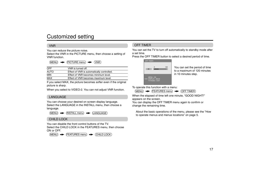 JVC specifications Customized setting, Vnr, OFF Timer, Language, Child Lock 