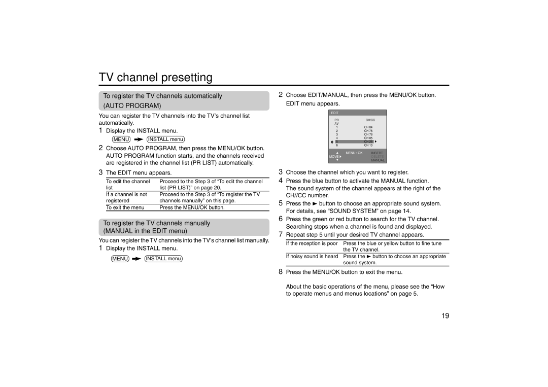 JVC specifications TV channel presetting, To register the TV channels automatically, Auto Program 