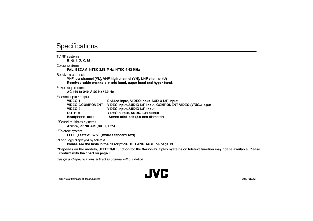 JVC specifications Specifications 