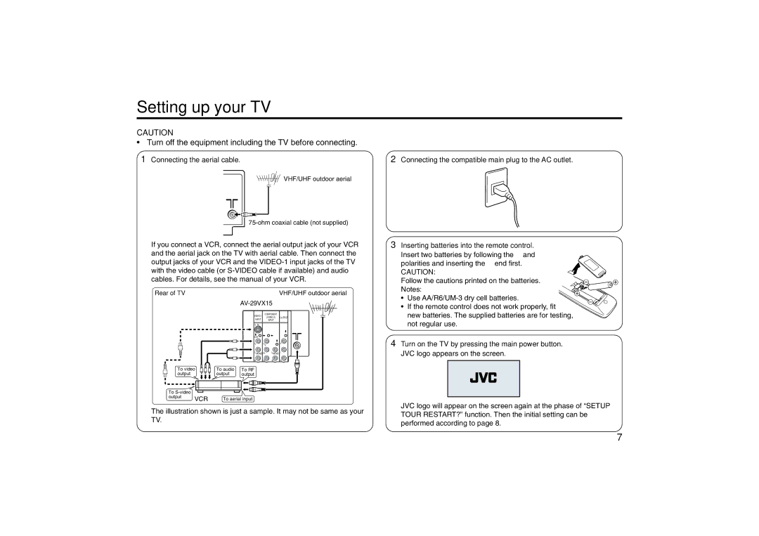 JVC specifications Setting up your TV, Connecting the aerial cable, JVC logo appears on the screen 