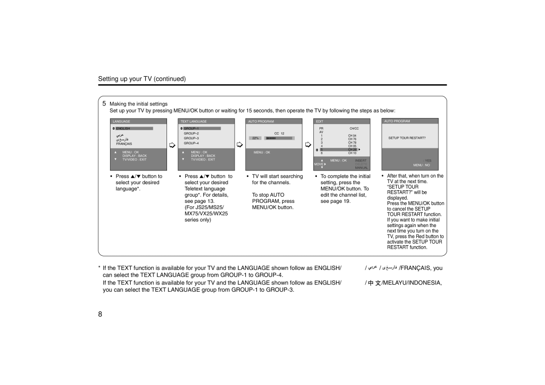 JVC specifications Setting up your TV, Making the initial settings 