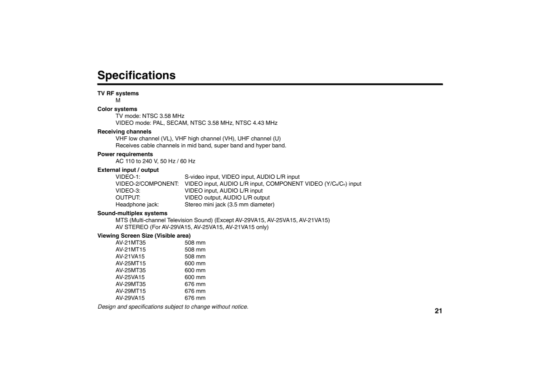 JVC AV-29MT35, AV-29MT15, AV-29VA15, AV-21MT35, AV-21MT15, AV-21VA15, AV-25MT35, AV-25MT15, AV-25VA15 Specifications 