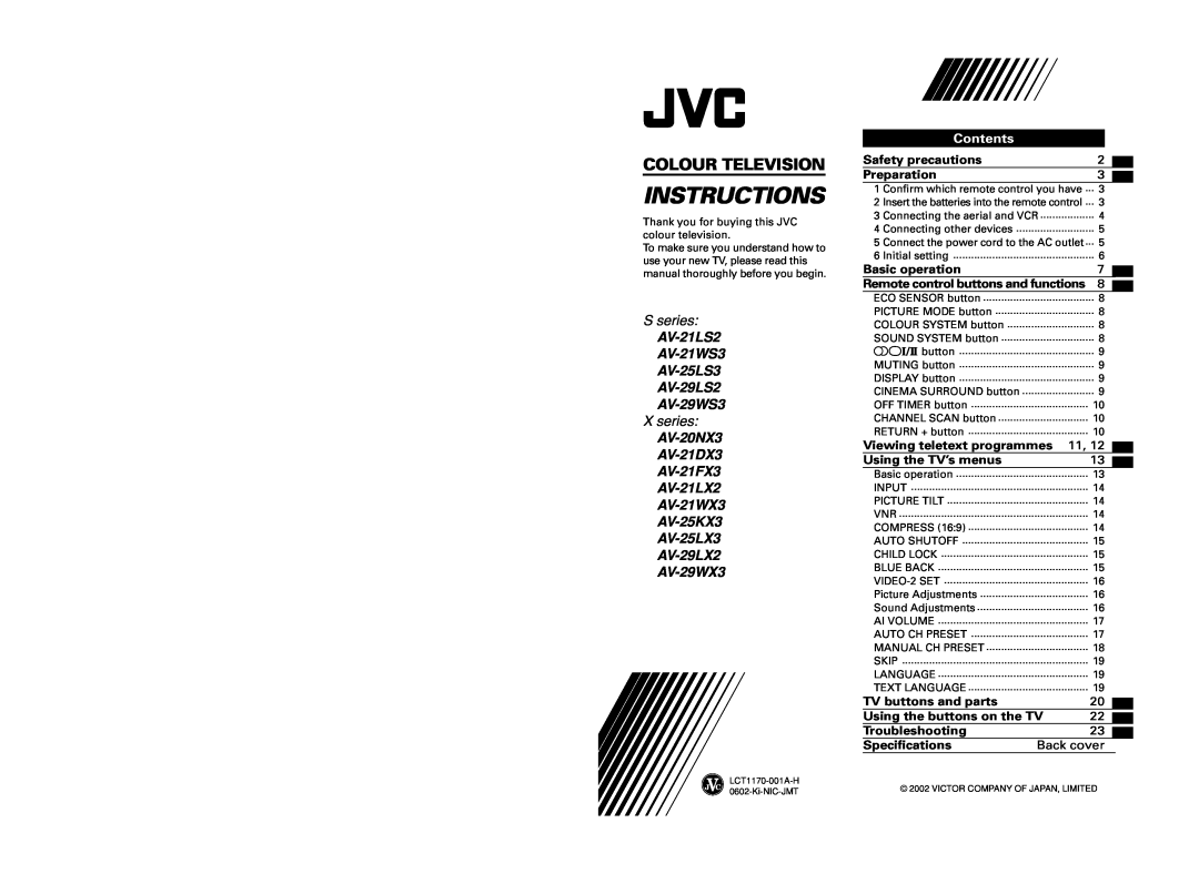 JVC specifications Instructions, Colour Television, AV-21LS2 AV-21WS3 AV-25LS3 AV-29LS2 AV-29WS3, Safety precautions 