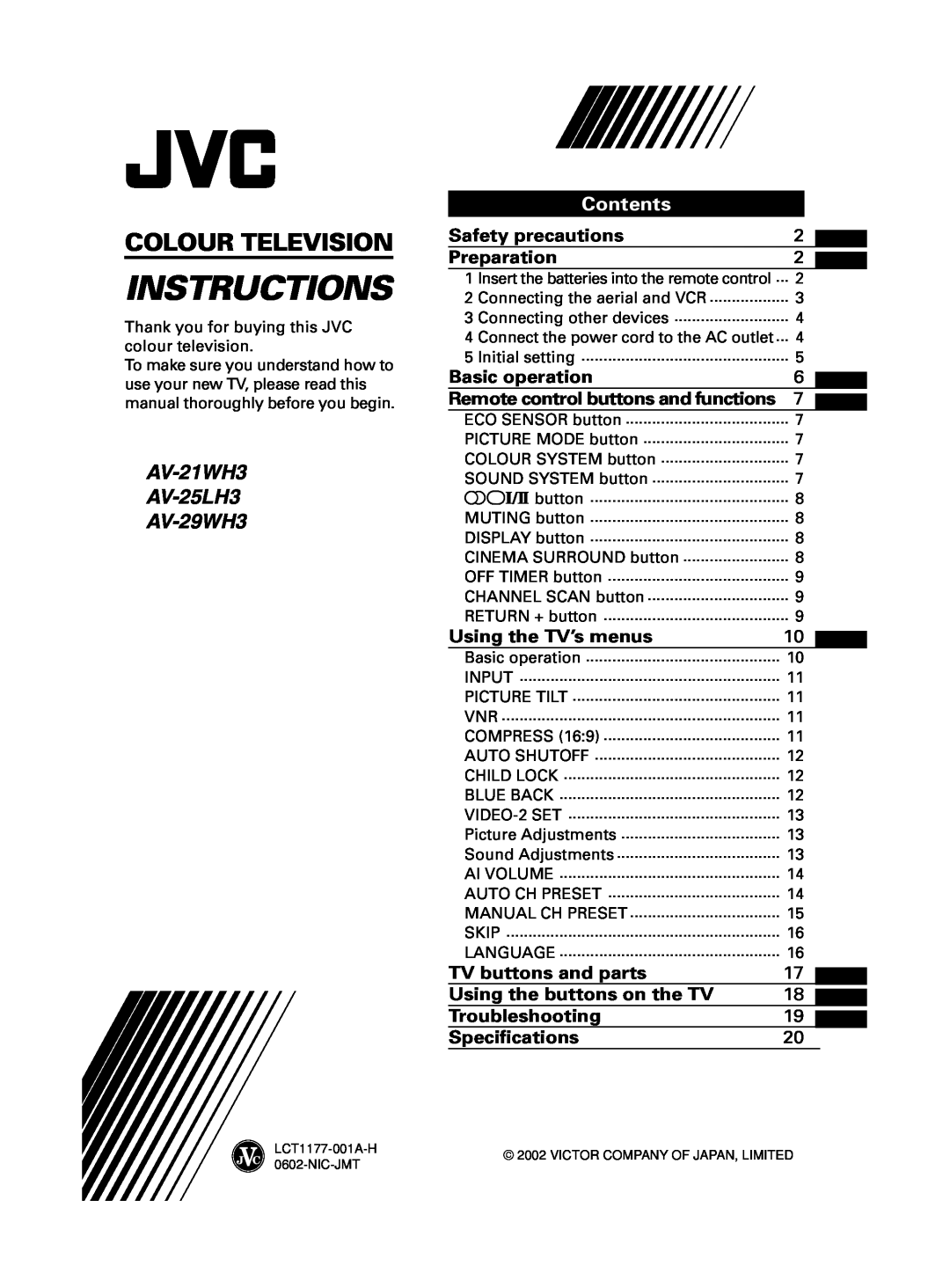 JVC specifications AV-21WH3 AV-25LH3 AV-29WH3, Contents, Instructions, Colour Television 