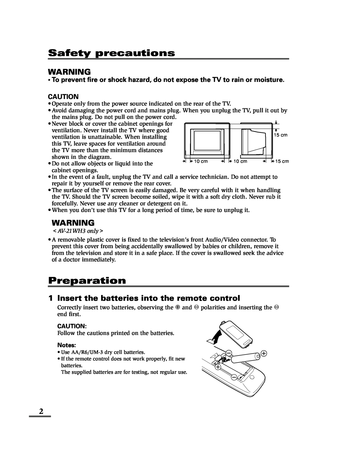 JVC specifications Insert the batteries into the remote control, AV-21WH3 only, Safety precautions, Preparation 