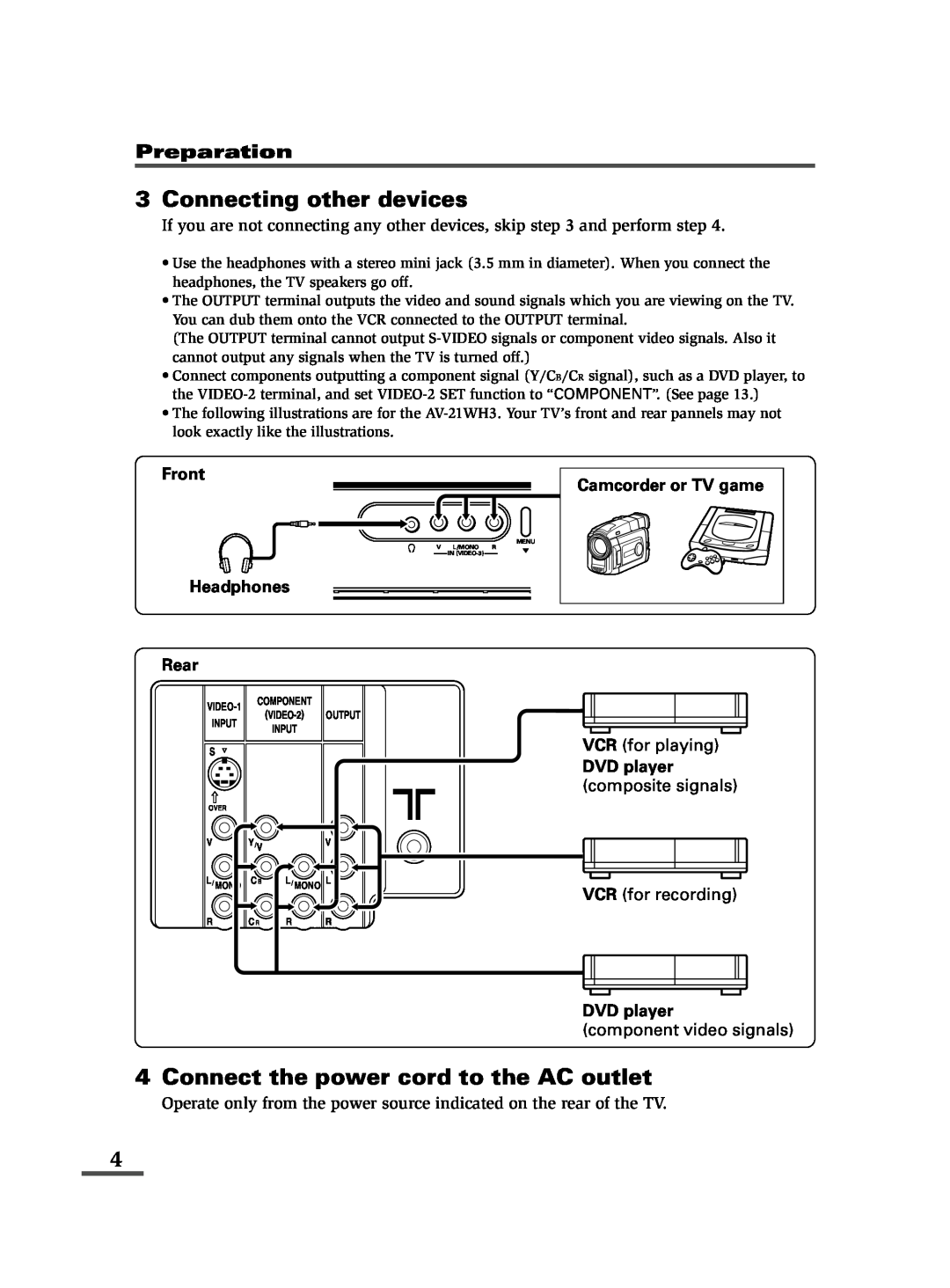 JVC specifications Connecting other devices, Connect the power cord to the AC outlet, Preparation, Input 