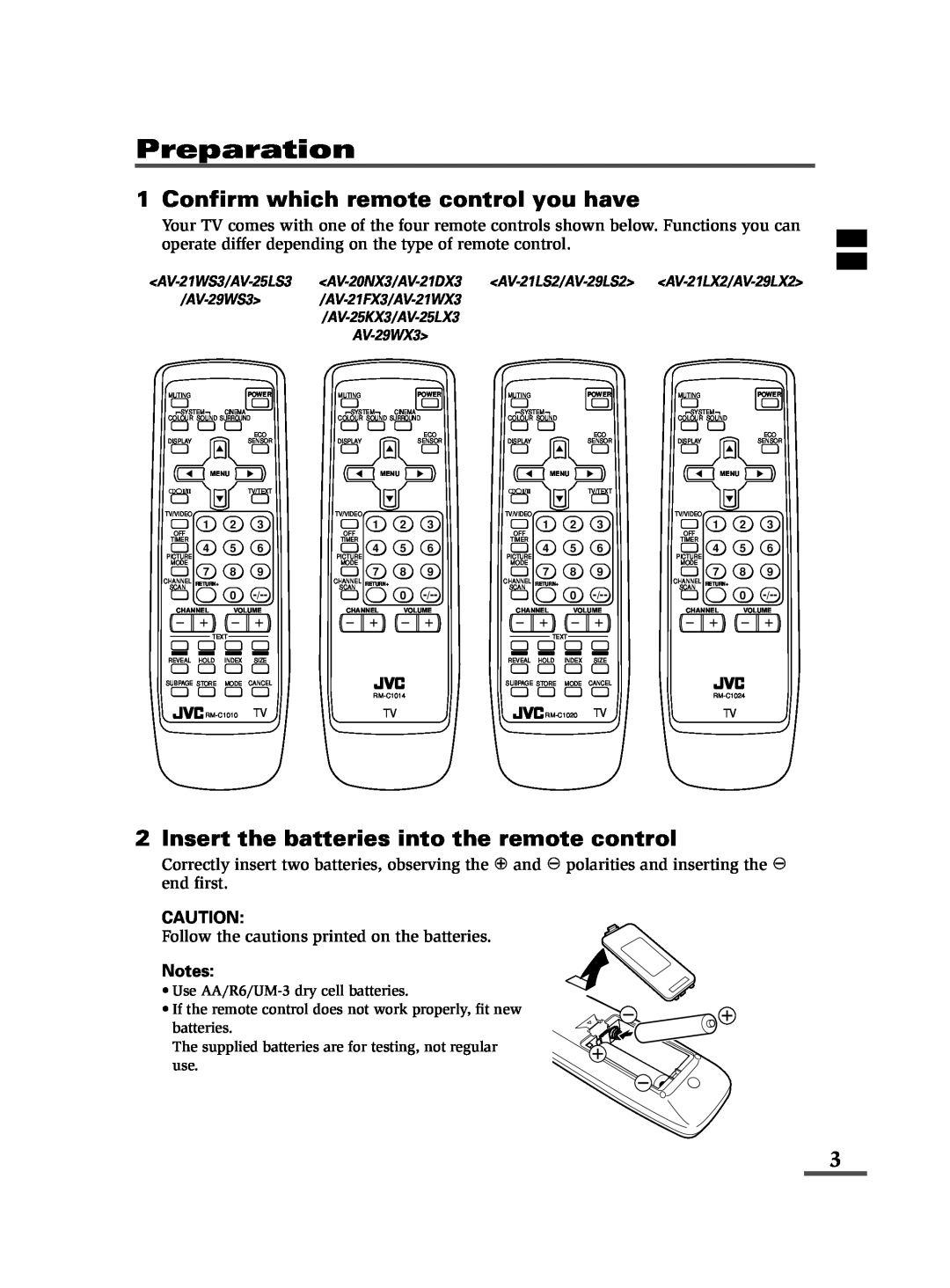 JVC specifications Preparation, Confirm which remote control you have, Insert the batteries into the remote control 