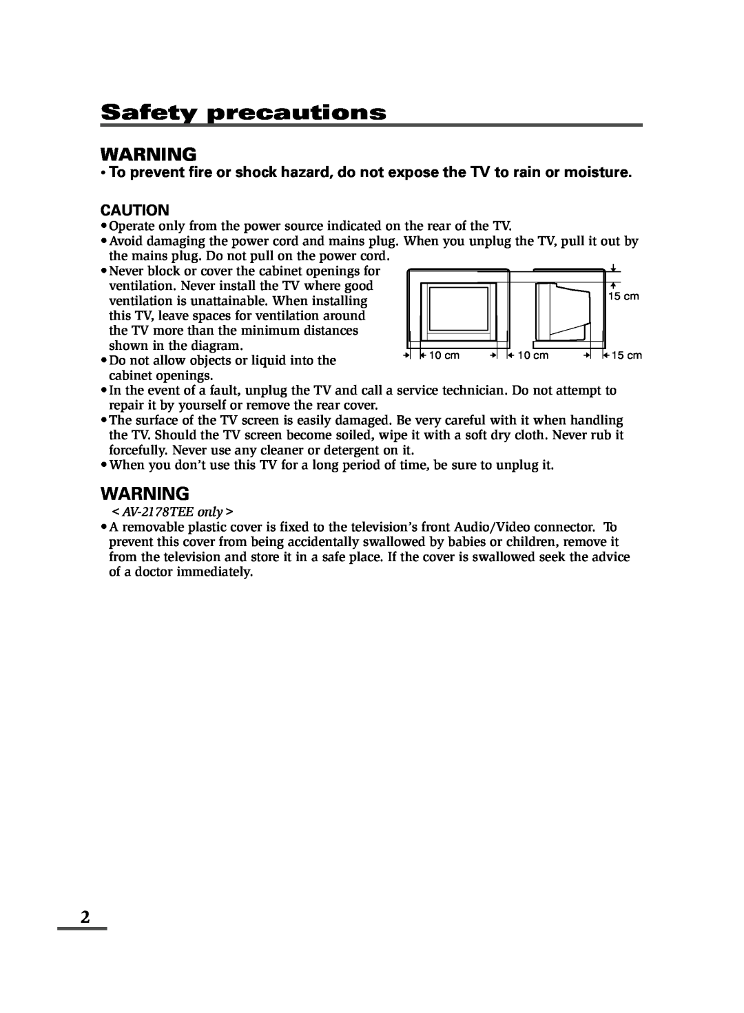 JVC specifications AV-2178TEE only, Safety precautions 
