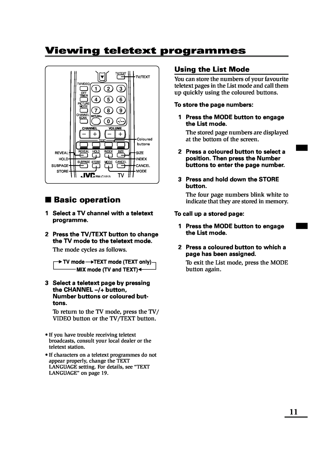 JVC specifications Viewing teletext programmes, Basic operation, Using the List Mode, Channel 