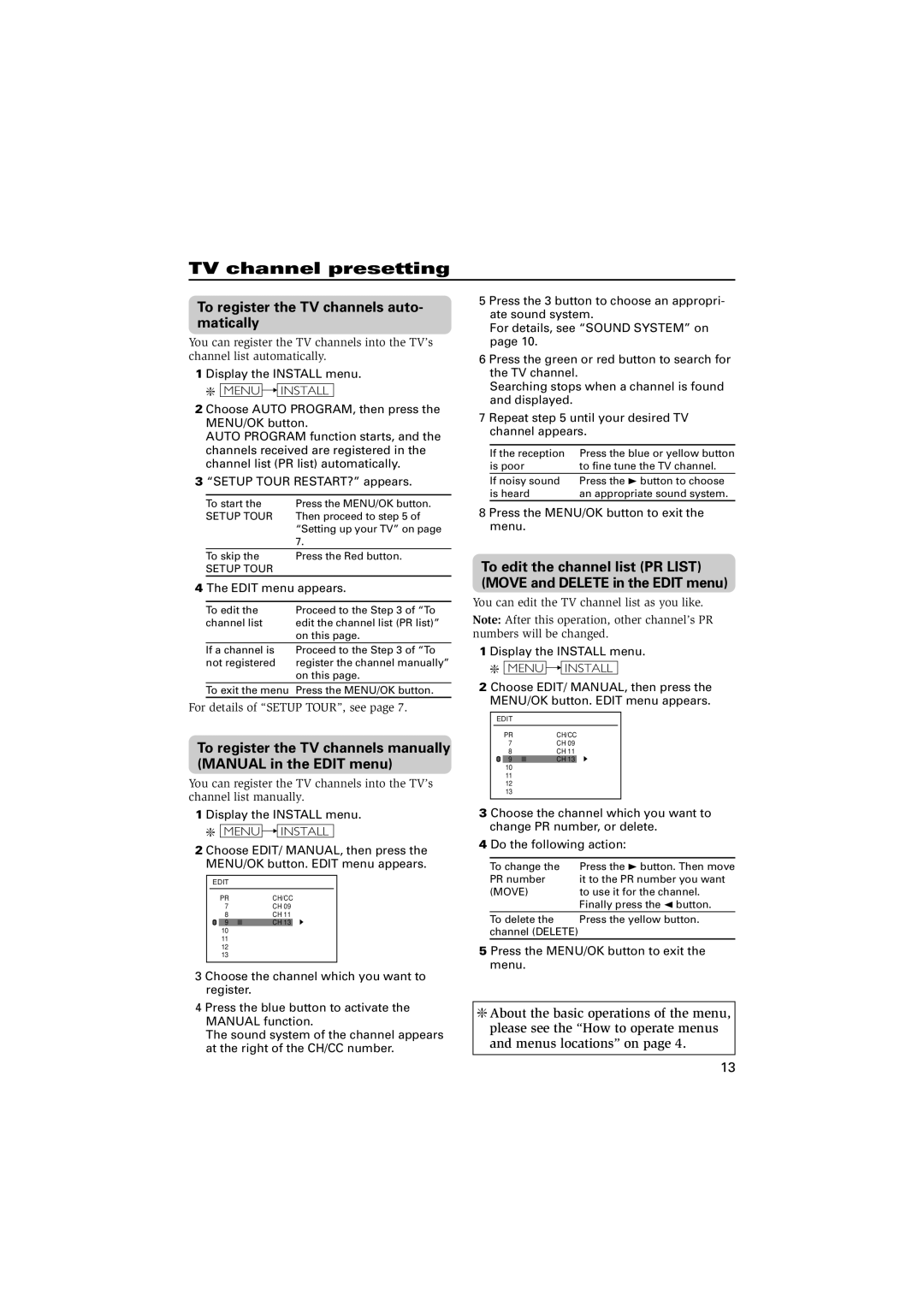 JVC specifications TV channel presetting, To register the TV channels auto- matically 