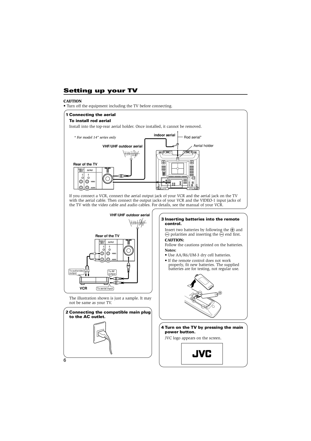 JVC Setting up your TV, Connecting the aerial To install rod aerial, Inserting batteries into the remote control 