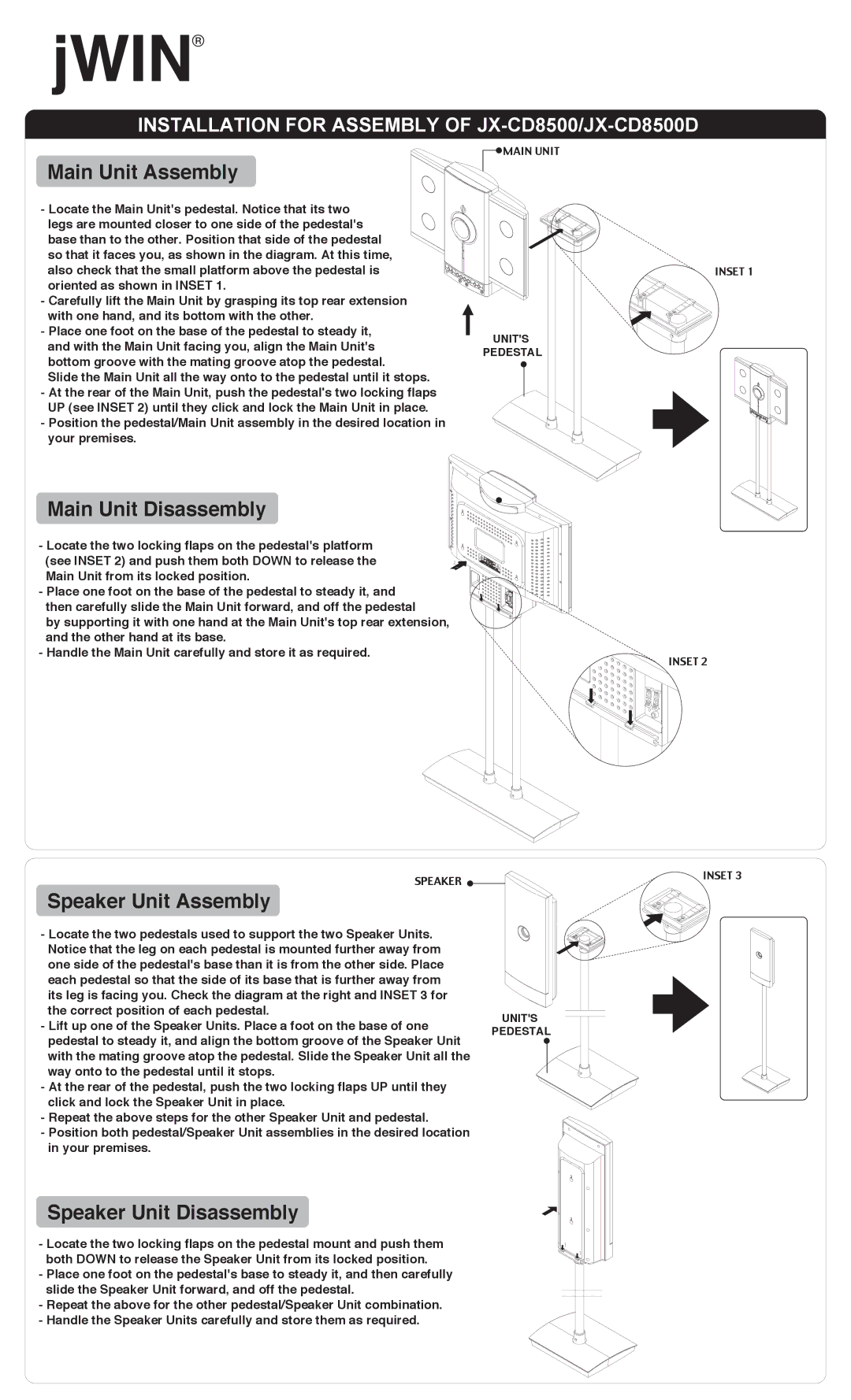 Jwin manual Installation for Assembly of JX-CD8500/JX-CD8500D, Main Unit Assembly, Main Unit Disassembly 