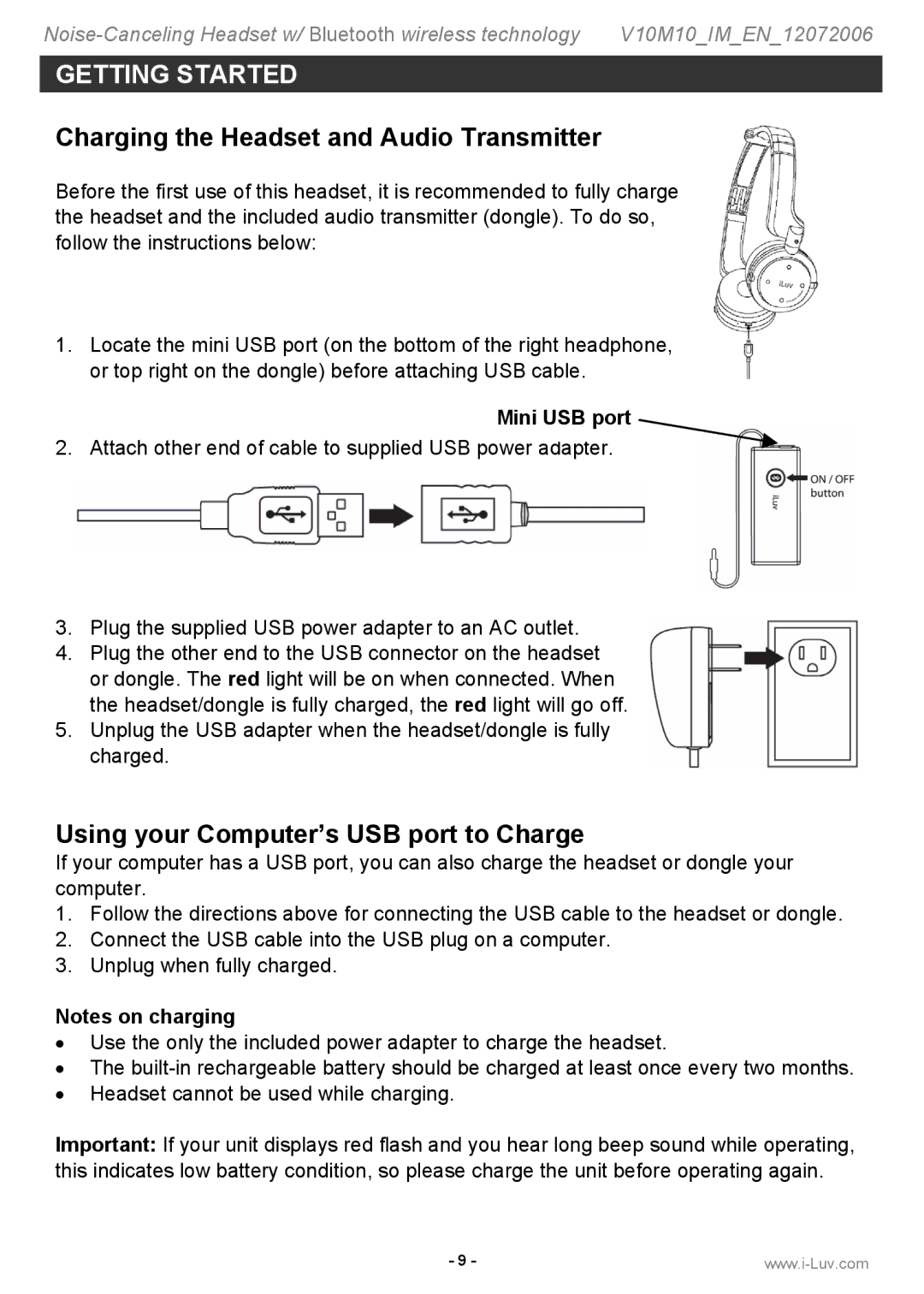 Jwin i903 Charging the Headset and Audio Transmitter, Using your Computer’s USB port to Charge, Mini USB port 