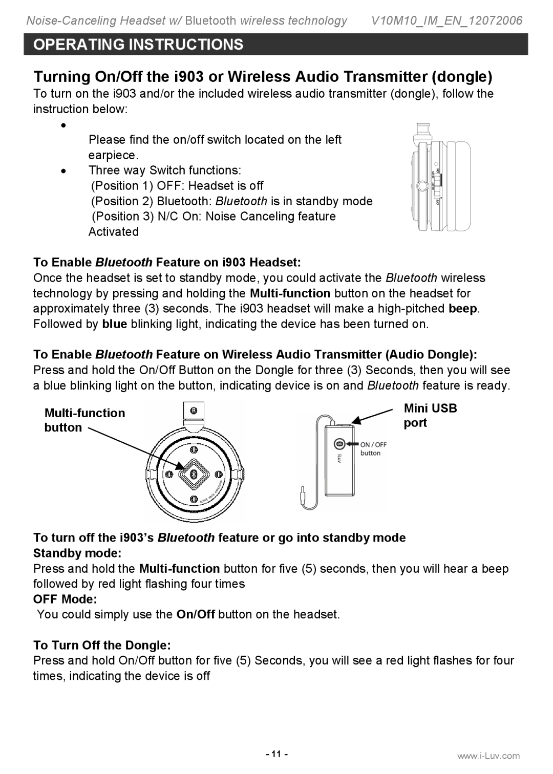 Jwin instruction manual To Enable Bluetooth Feature on i903 Headset, OFF Mode, To Turn Off the Dongle 