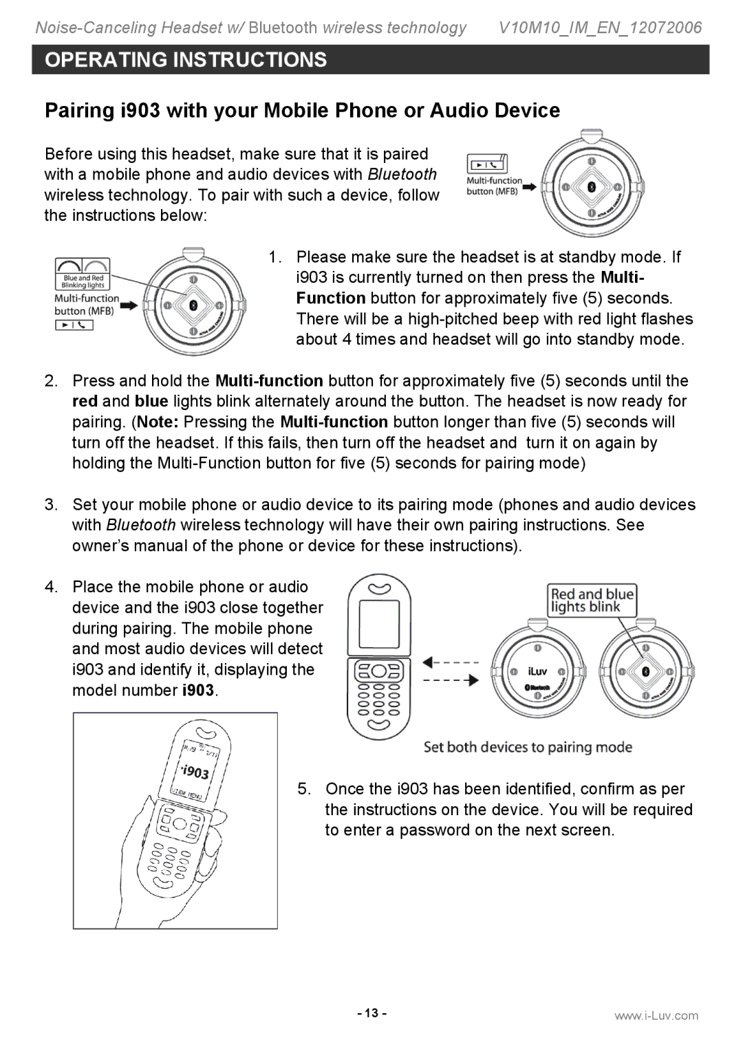 Jwin instruction manual Pairing i903 with your Mobile Phone or Audio Device 