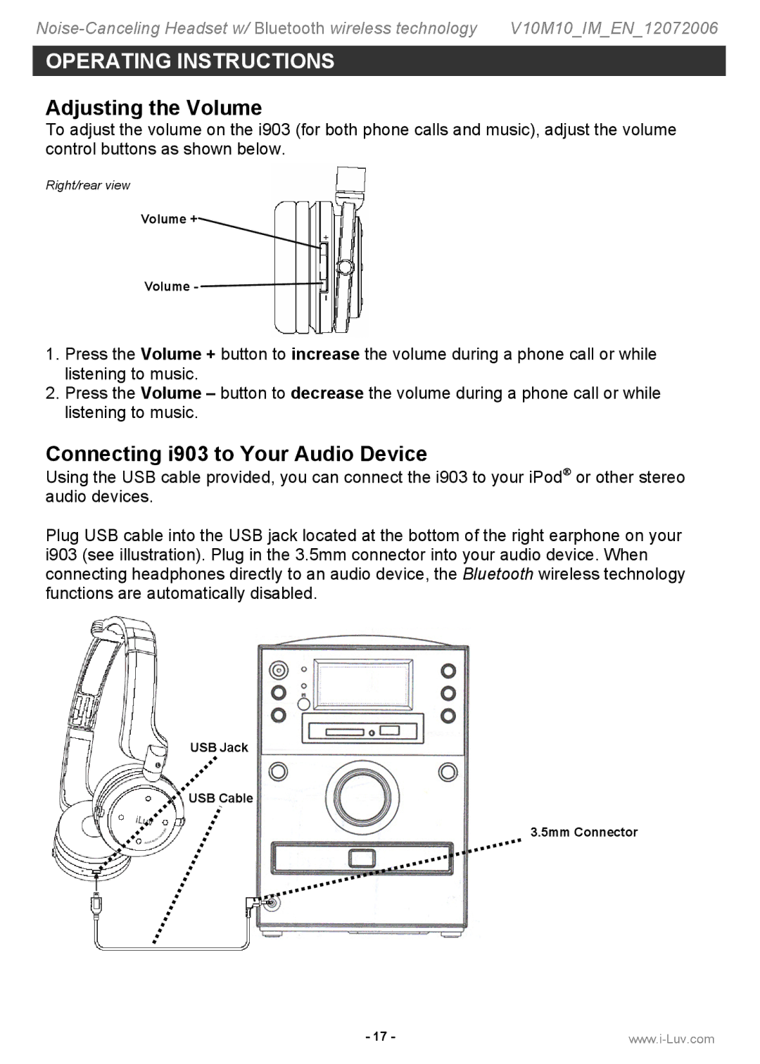 Jwin instruction manual Adjusting the Volume, Connecting i903 to Your Audio Device 