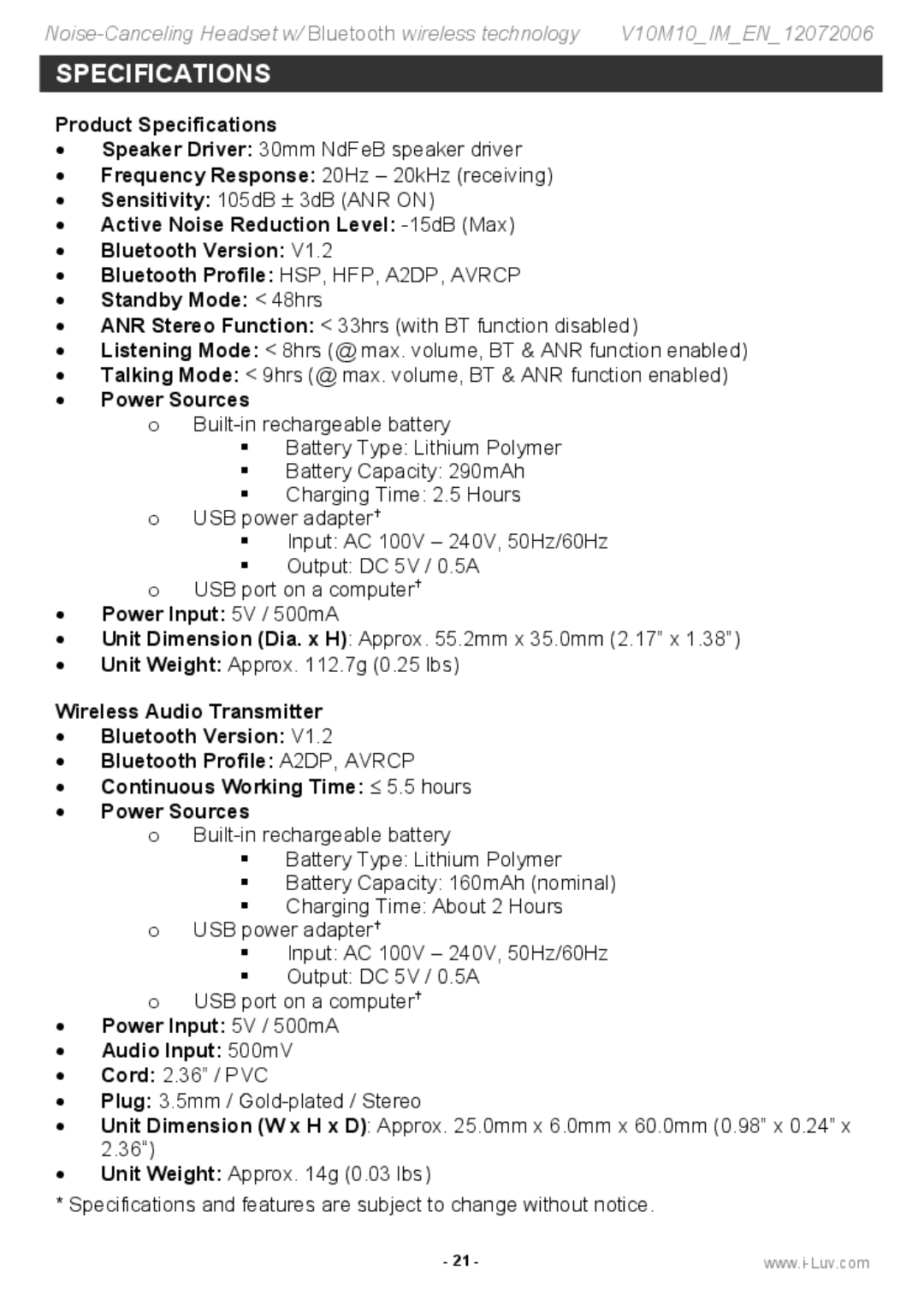 Jwin i903 instruction manual Specifications 