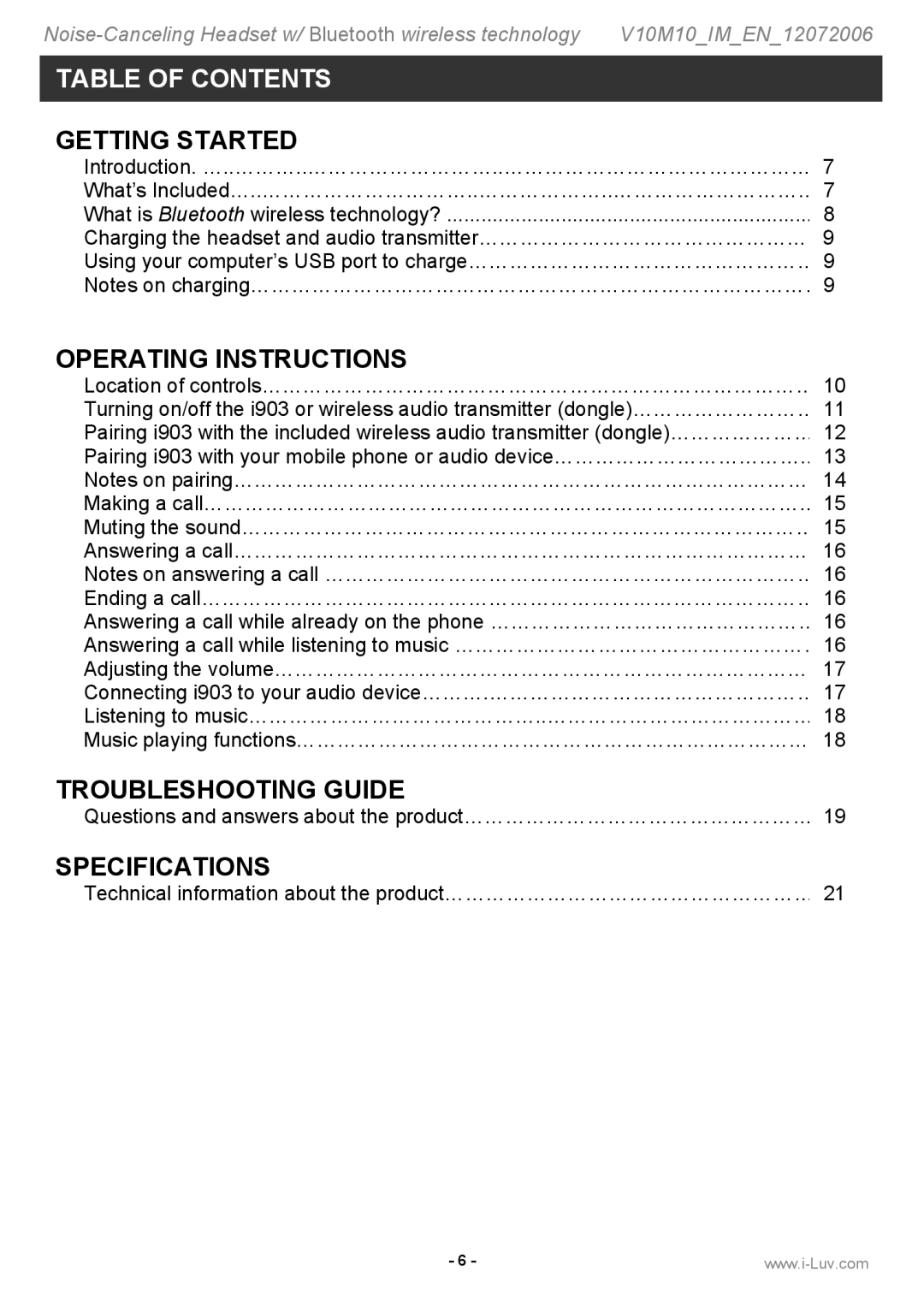 Jwin i903 instruction manual Table of Contents 