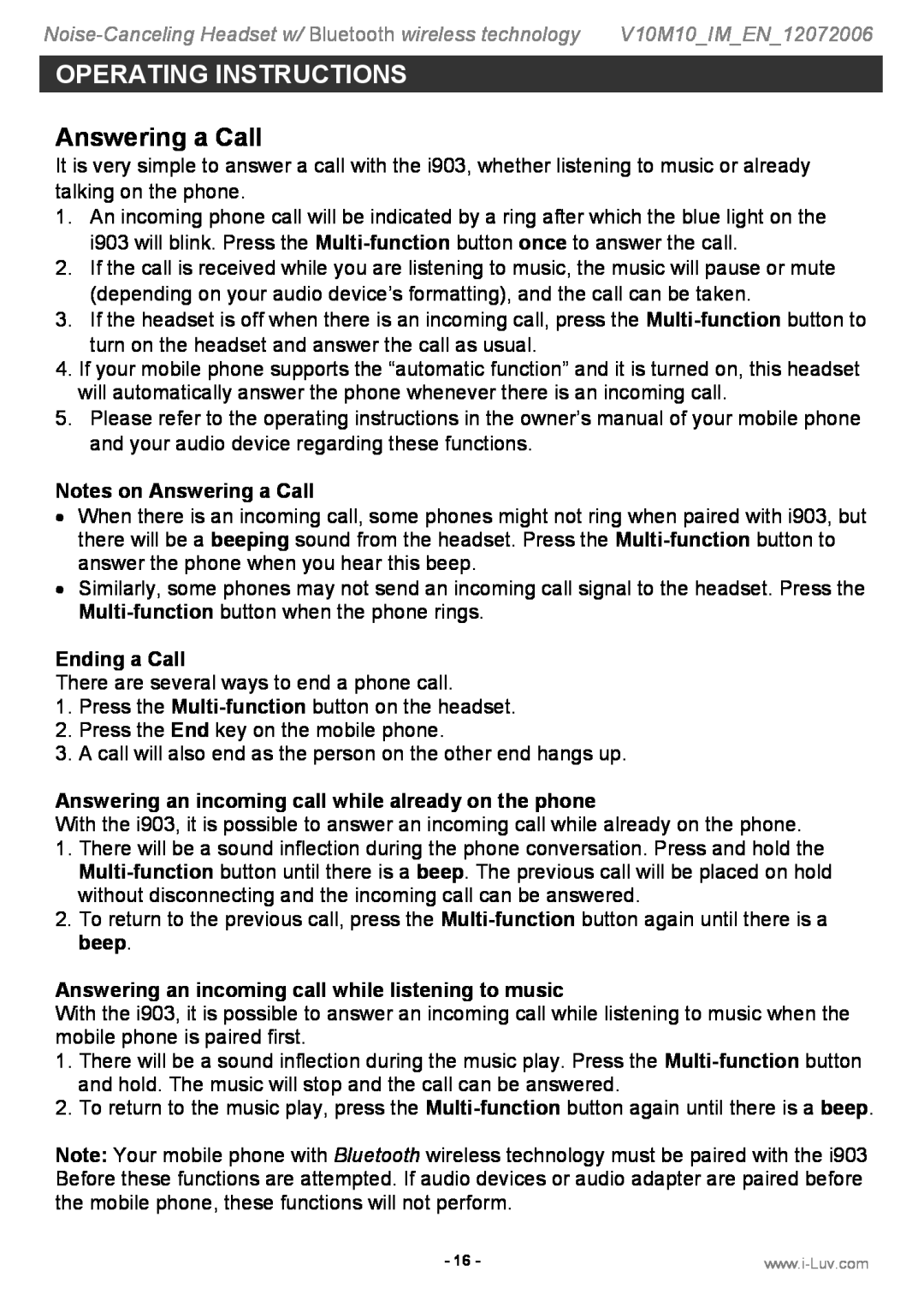 Jwin i903 instruction manual Notes on Answering a Call, Ending a Call, Operating Instructions 